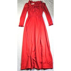Vintage 70s Mikey Jrs Red Long Sleeve Maxi Disco Dress With Ruffled Collar